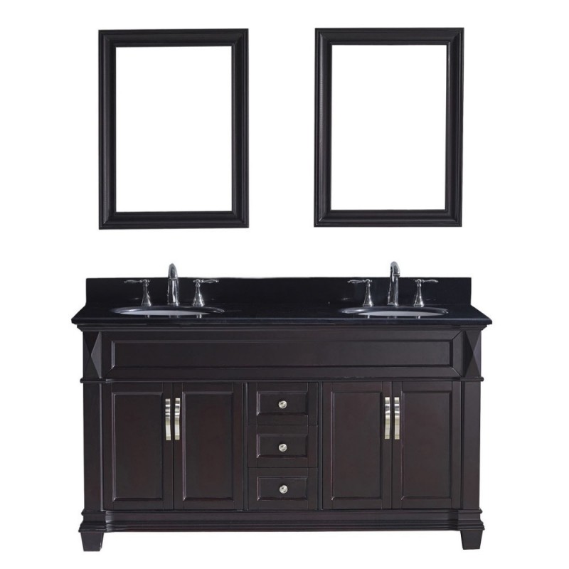 Victoria 60" Double Bathroom Vanity in Espresso with Black Galaxy Granite Top and Round Sink with Polished Chrome Faucet and Mirrors