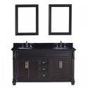 Victoria 60" Double Bathroom Vanity in Espresso with Black Galaxy Granite Top and Round Sink with Polished Chrome Faucet and Mirrors