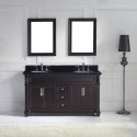 Victoria 60" Double Bathroom Vanity in Espresso with Black Galaxy Granite Top and Round Sink with Polished Chrome Faucet and Mirrors
