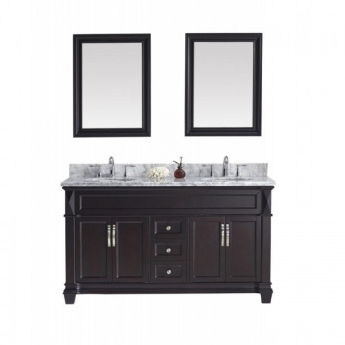 Victoria 60" Double Bathroom Vanity in Espresso with Marble Top and Round Sink with Mirrors