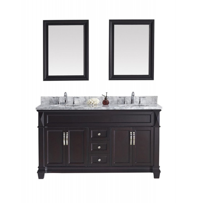 Victoria 60" Double Bathroom Vanity in Espresso with Marble Top and Round Sink with Mirrors