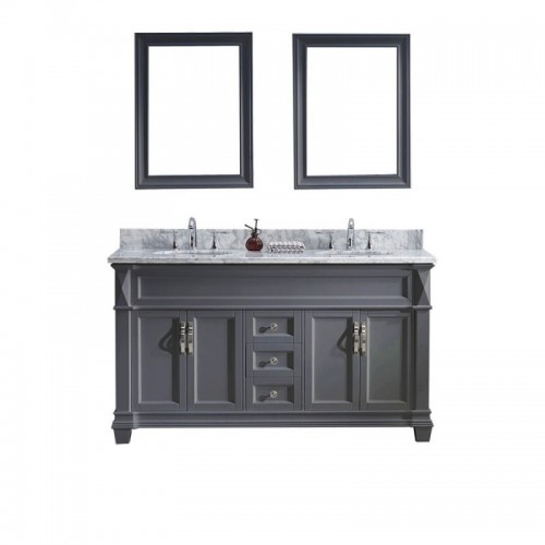 Victoria 60" Double Bathroom Vanity in Grey with Marble Top and Round Sink with Mirrors