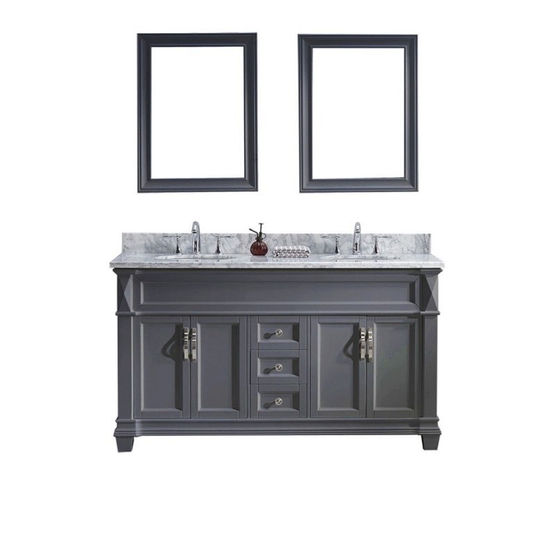 Victoria 60" Double Bathroom Vanity in Grey with Marble Top and Round Sink with Mirrors