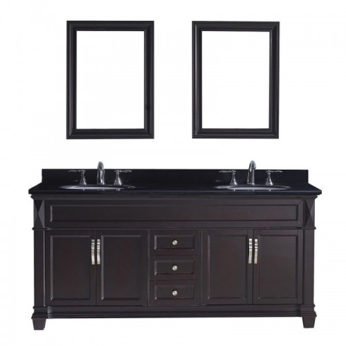 Victoria 72" Double Bathroom Vanity in Espresso with Black Galaxy Granite Top and Round Sink with Polished Chrome Faucet and Mirrors