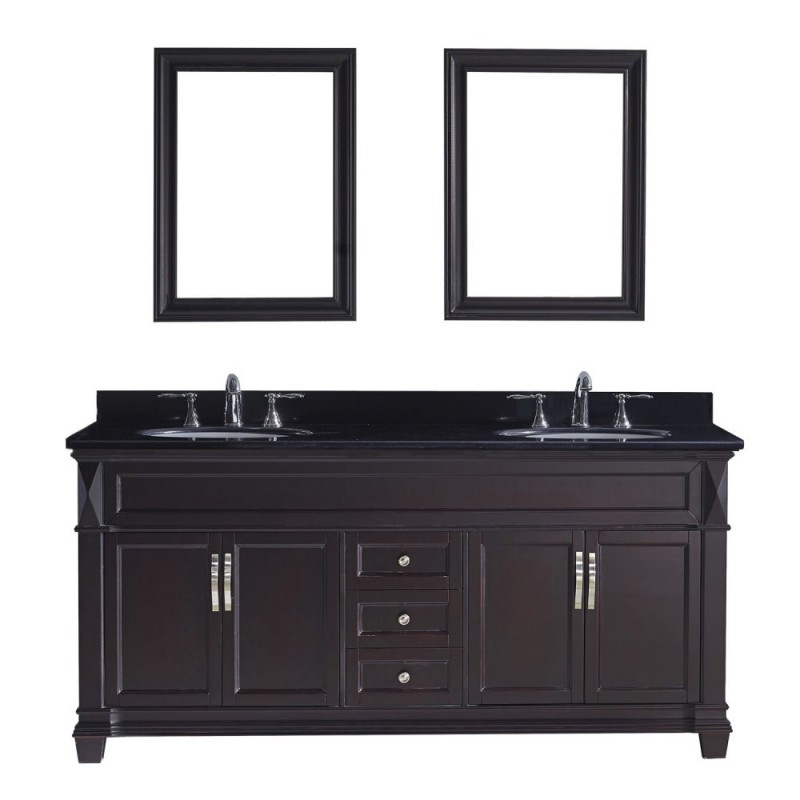Victoria 72" Double Bathroom Vanity in Espresso with Black Galaxy Granite Top and Round Sink with Polished Chrome Faucet and Mirrors