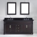Victoria 72" Double Bathroom Vanity in Espresso with Black Galaxy Granite Top and Round Sink with Polished Chrome Faucet and Mirrors