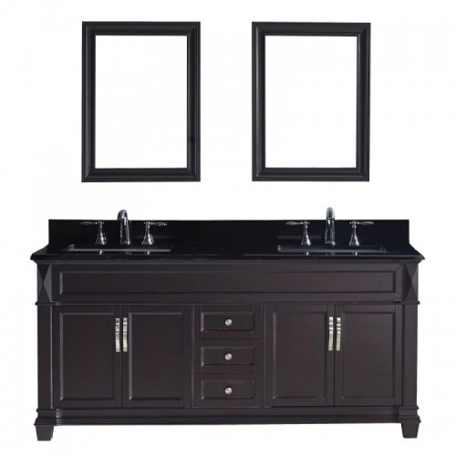 Victoria 72" Double Bathroom Vanity in Espresso with Black Galaxy Granite Top and Square Sink with Brushed Nickel Faucet and Mirrors