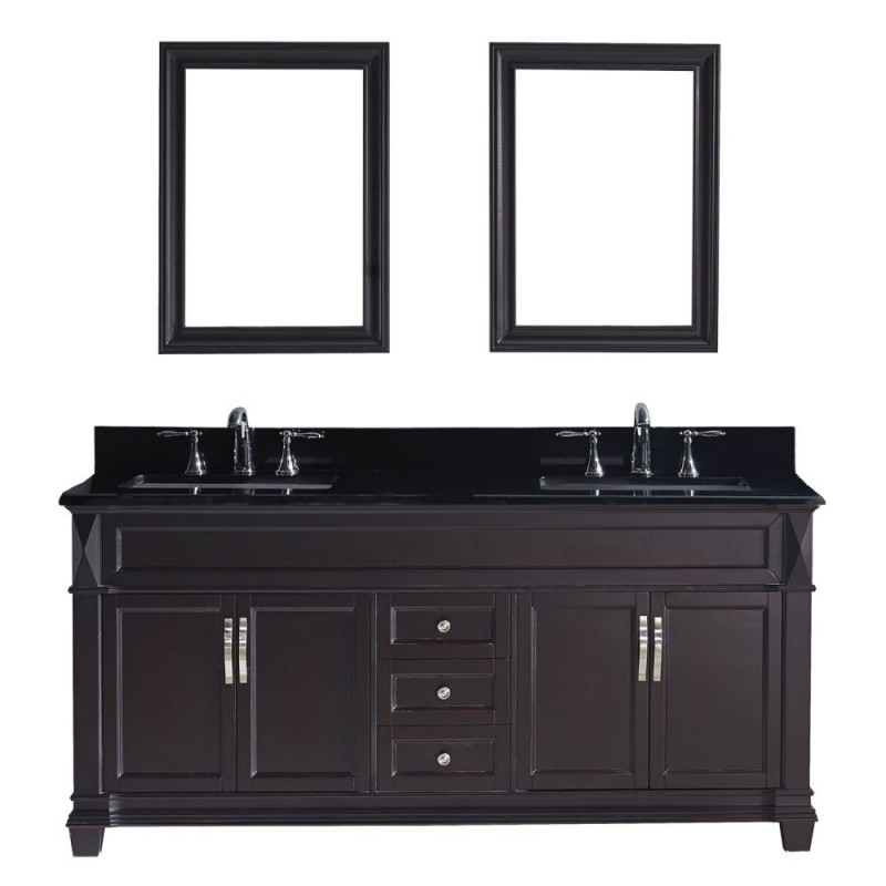 Victoria 72" Double Bathroom Vanity in Espresso with Black Galaxy Granite Top and Square Sink with Brushed Nickel Faucet and Mirrors