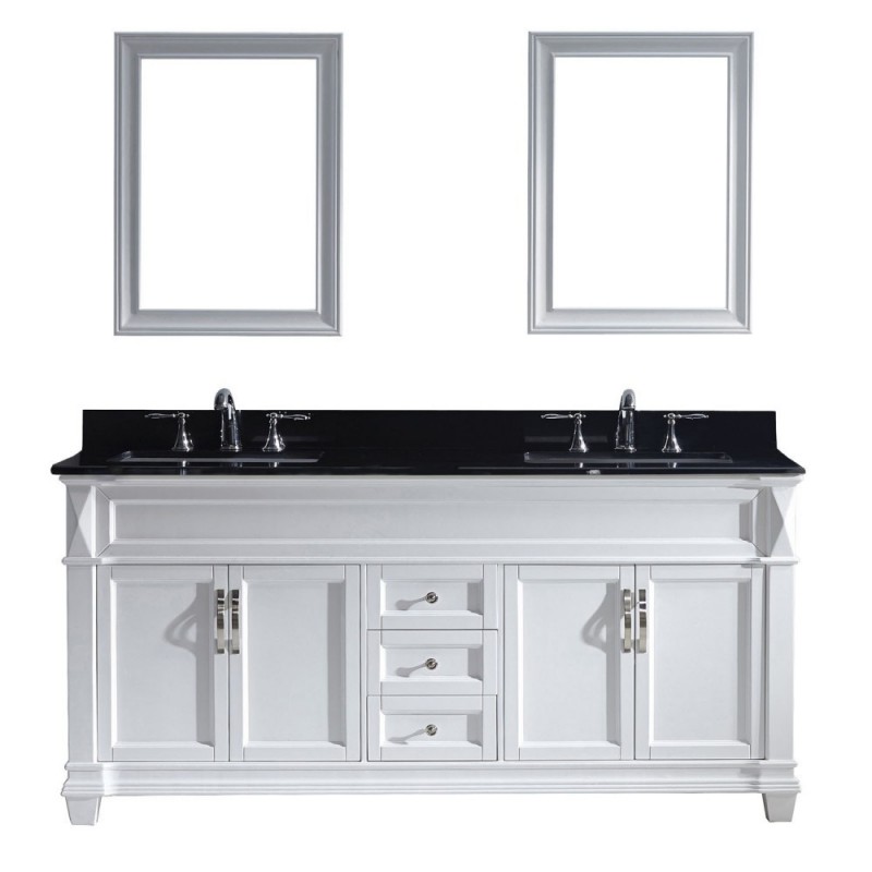 Victoria 72" Double Bathroom Vanity in White with Black Galaxy Granite Top and Square Sink with Polished Chrome Faucet and Mirrors