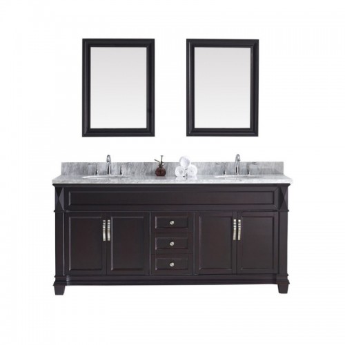 Victoria 72" Double Bathroom Vanity in Espresso with Marble Top and Round Sink with Brushed Nickel Faucet and Mirrors