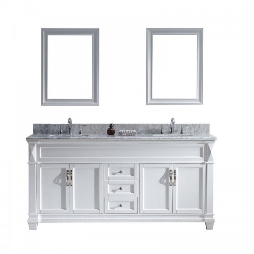 Victoria 72" Double Bathroom Vanity in White with Marble Top and Square Sink with Mirrors