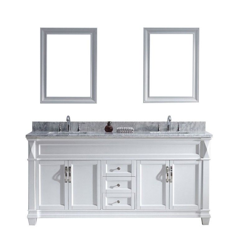 Victoria 72" Double Bathroom Vanity in White with Marble Top and Square Sink with Mirrors