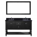 Julianna 60" Double Bathroom Vanity in Espresso with Black Galaxy Granite Top and Round Sink with Polished Chrome Faucet and Mirror