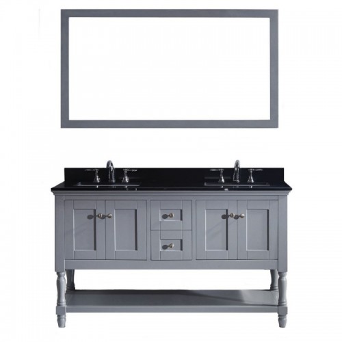 Julianna 60" Double Bathroom Vanity in Grey with Black Galaxy Granite Top and Square Sink with Polished Chrome Faucet and Mirror