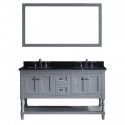 Julianna 60" Double Bathroom Vanity in Grey with Black Galaxy Granite Top and Square Sink with Polished Chrome Faucet and Mirror