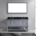 Julianna 60" Double Bathroom Vanity in Grey with Black Galaxy Granite Top and Square Sink with Polished Chrome Faucet and Mirror