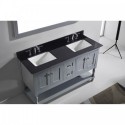 Julianna 60" Double Bathroom Vanity in Grey with Black Galaxy Granite Top and Square Sink with Polished Chrome Faucet and Mirror