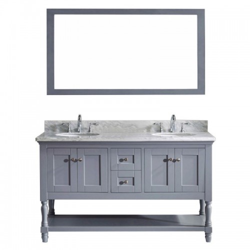 Julianna 60" Double Bathroom Vanity in Grey with Marble Top and Round Sink with Mirror