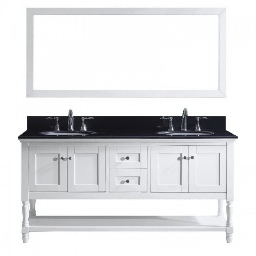 Julianna 72" Double Bathroom Vanity in White with Black Galaxy Granite Top and Round Sink with Polished Chrome Faucet and Mirror