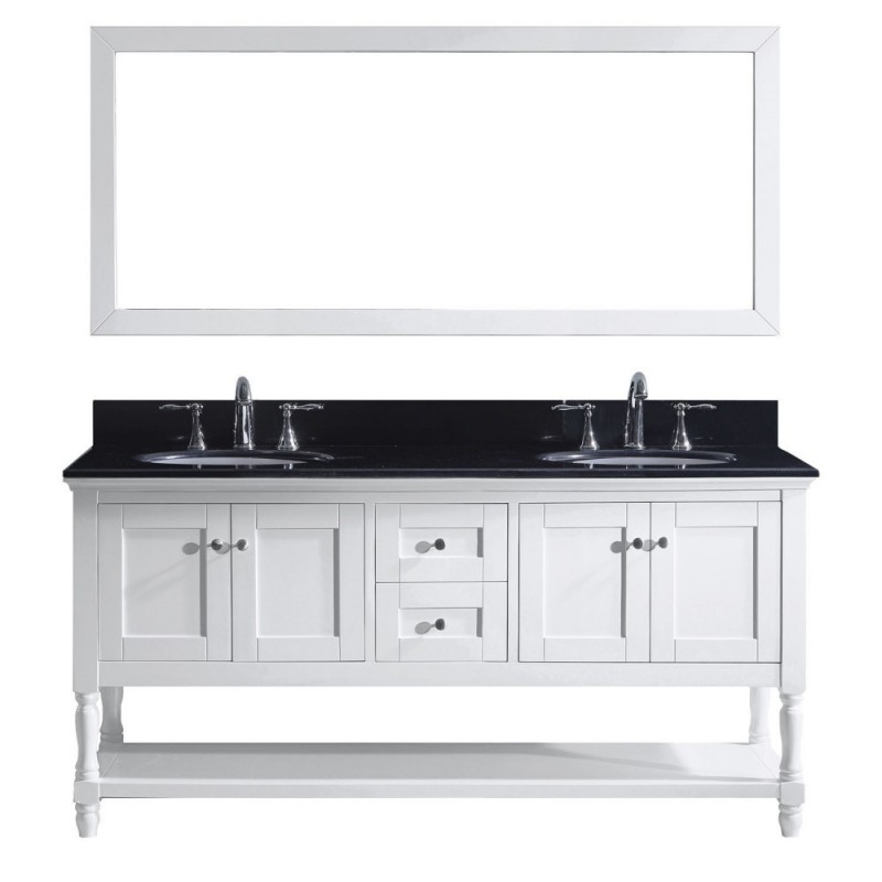 Julianna 72" Double Bathroom Vanity in White with Black Galaxy Granite Top and Round Sink with Polished Chrome Faucet and Mirror