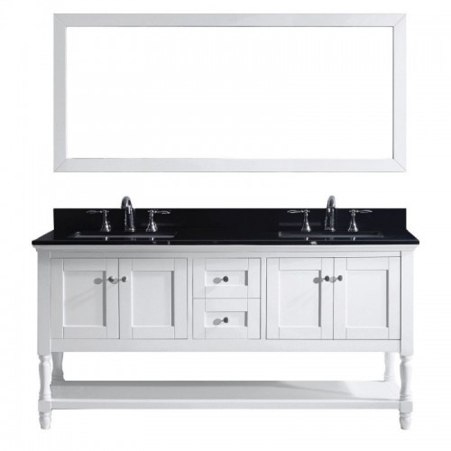 Julianna 72" Double Bathroom Vanity in White with Black Galaxy Granite Top and Square Sink with Polished Chrome Faucet and Mirror