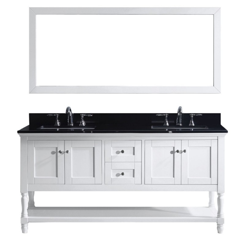 Julianna 72" Double Bathroom Vanity in White with Black Galaxy Granite Top and Square Sink with Polished Chrome Faucet and Mirror