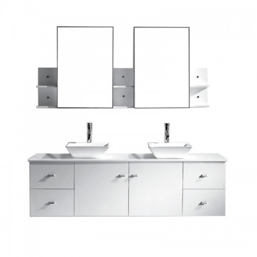 Clarissa 72" Double Bathroom Vanity in White with White Engineered Stone Top and Square Sink with Brushed Nickel Faucet and Mirrors