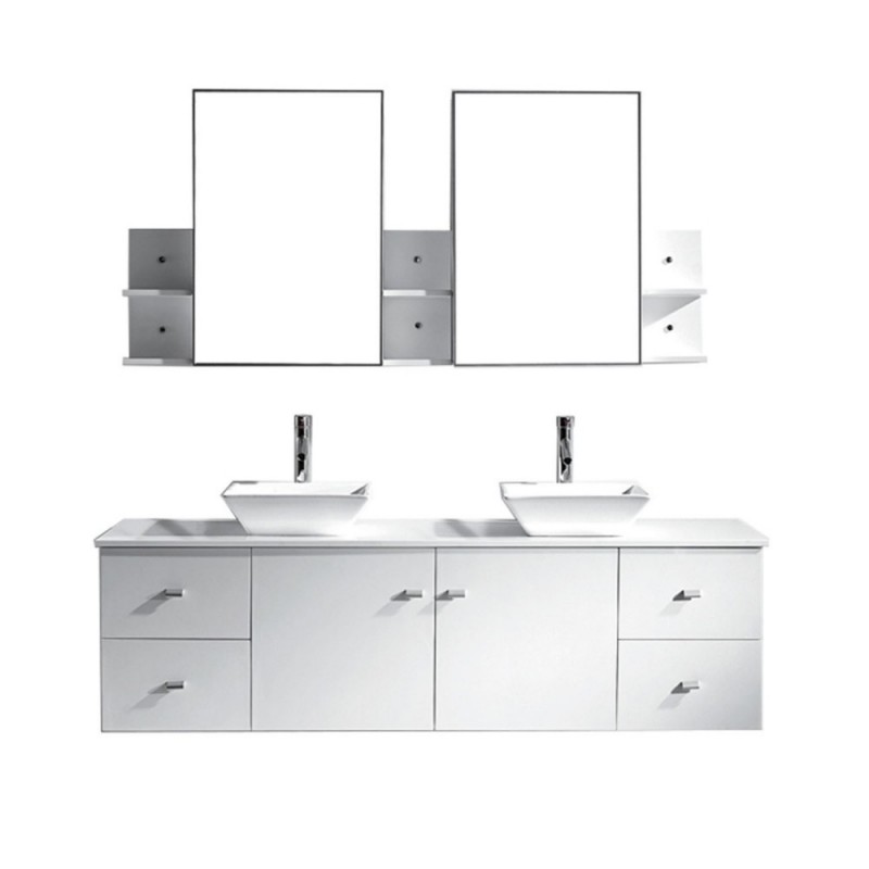 Clarissa 72" Double Bathroom Vanity in White with White Engineered Stone Top and Square Sink with Brushed Nickel Faucet and Mirrors