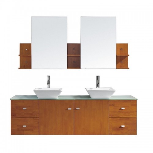 Clarissa 72" Double Bathroom Vanity in Honey Oak with Aqua Tempered Glass Top and Square Sink with Polished Chrome Faucet and Mirrors