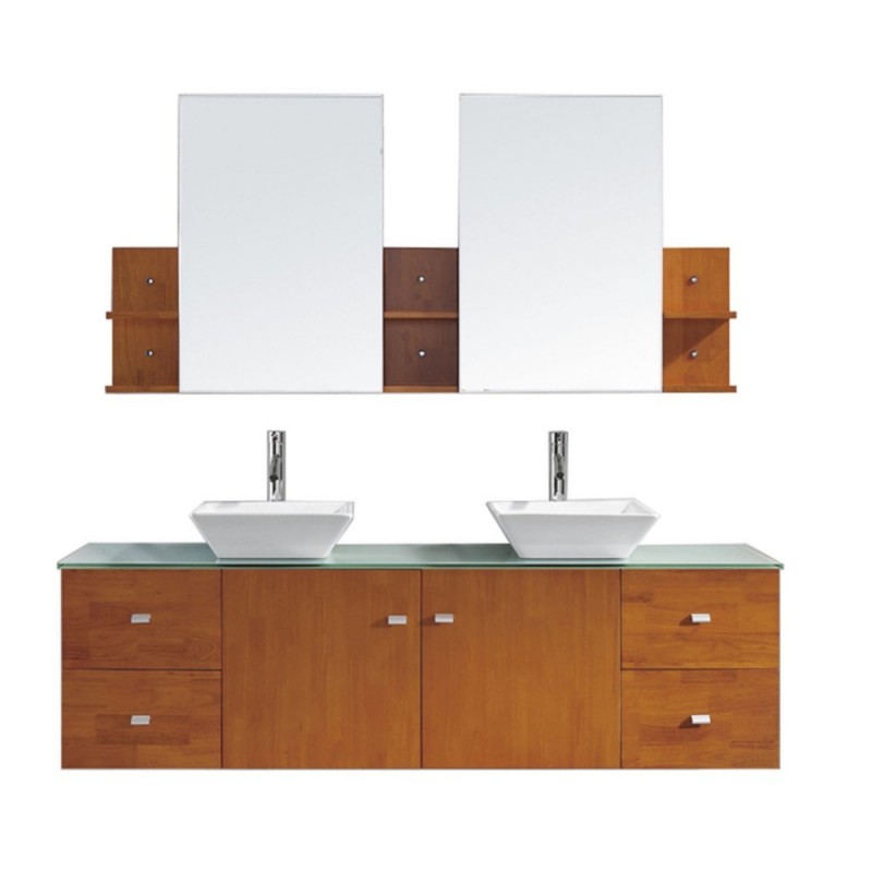 Clarissa 72" Double Bathroom Vanity in Honey Oak with Aqua Tempered Glass Top and Square Sink with Polished Chrome Faucet and Mirrors
