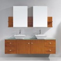Clarissa 72" Double Bathroom Vanity in Honey Oak with Aqua Tempered Glass Top and Square Sink with Polished Chrome Faucet and Mirrors