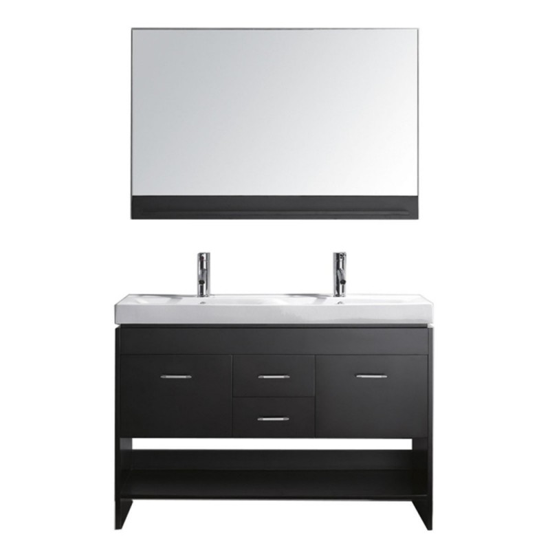 Gloria 48" Double Bathroom Vanity in Espresso with White Ceramic Top and Square Sink with Brushed Nickel Faucet and Mirror