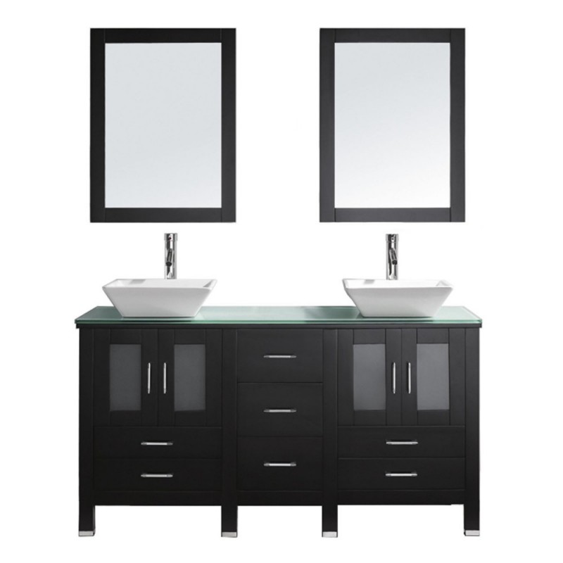 Bradford 60" Double Bathroom Vanity in Espresso with Aqua Tempered Glass Top and Square Sink with Brushed Nickel Faucet and Mirrors