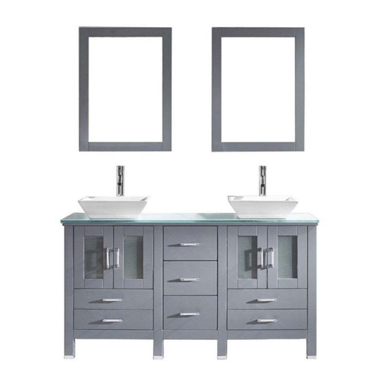 Bradford 60" Double Bathroom Vanity in Grey with Aqua Tempered Glass Top and Square Sink with Brushed Nickel Faucet and Mirrors
