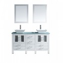 Bradford 60" Double Bathroom Vanity in White with Aqua Tempered Glass Top and Square Sink with Polished Chrome Faucet and Mirrors