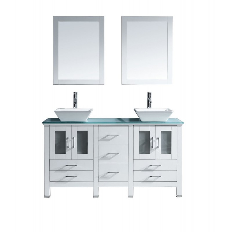 Bradford 60" Double Bathroom Vanity in White with Aqua Tempered Glass Top and Square Sink with Brushed Nickel Faucet and Mirrors