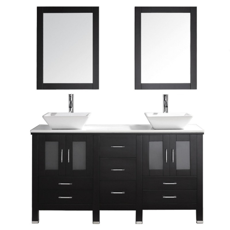 Bradford 60" Double Bathroom Vanity in Espresso with White Engineered Stone Top and Square Sink with Brushed Nickel Faucet and Mirrors