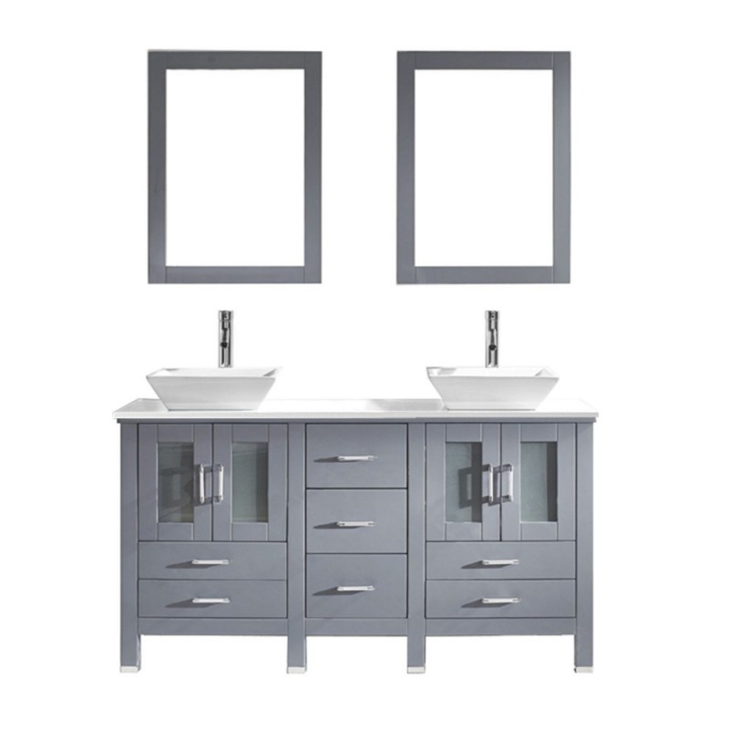 Bradford 60" Double Bathroom Vanity in Grey with White Engineered Stone Top and Square Sink with Brushed Nickel Faucet and Mirrors