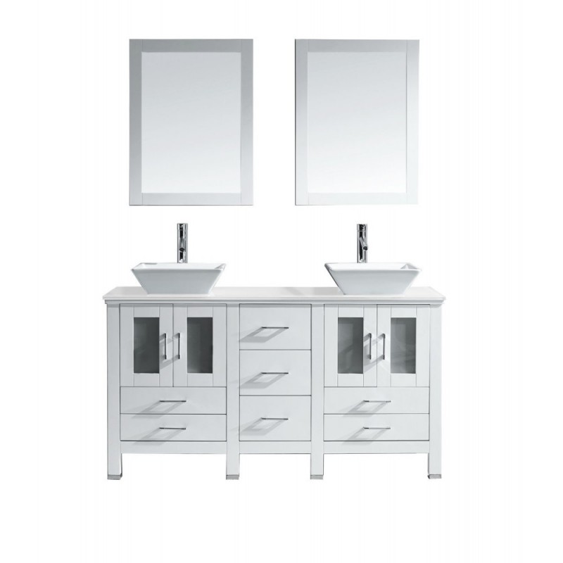 Bradford 60" Double Bathroom Vanity in White with White Engineered Stone Top and Square Sink with Polished Chrome Faucet and Mirrors