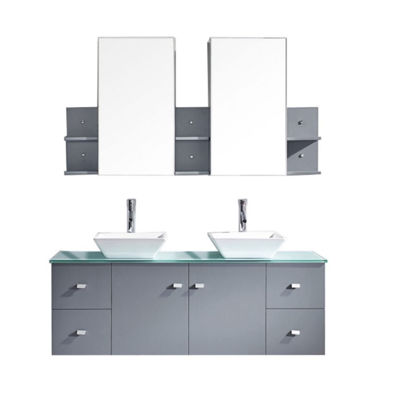 Clarissa 61" Double Bathroom Vanity in Grey with Aqua Tempered Glass Top and Square Sink with Brushed Nickel Faucet and Mirrors