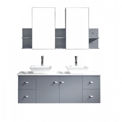 Clarissa 61" Double Bathroom Vanity in Grey with White Engineered Stone Top and Square Sink with Polished Chrome Faucet and Mirrors