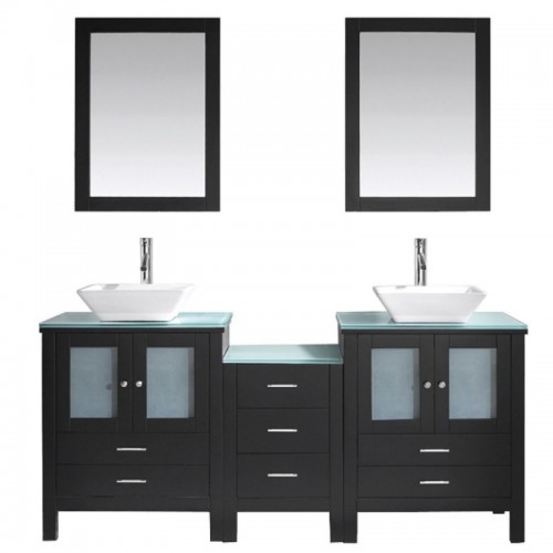 Brentford 72" Double Bathroom Vanity in Espresso with Aqua Tempered Glass Top and Square Sink with Brushed Nickel Faucet and Mirrors