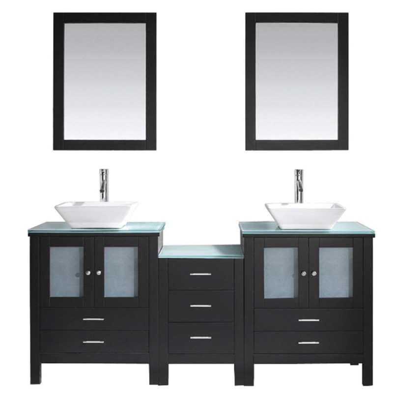 Brentford 72" Double Bathroom Vanity in Espresso with Aqua Tempered Glass Top and Square Sink with Brushed Nickel Faucet and Mirrors