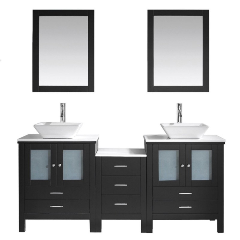 Brentford 72" Double Bathroom Vanity in Espresso with White Engineered Stone Top and Square Sink with Polished Chrome Faucet and Mirrors