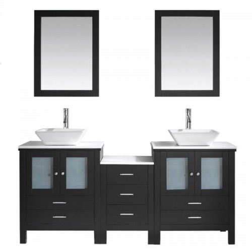 Brentford 72" Double Bathroom Vanity in Espresso with White Engineered Stone Top and Square Sink with Brushed Nickel Faucet and Mirrors