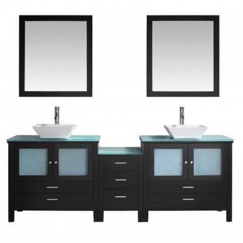 Brentford 90" Double Bathroom Vanity in Espresso with Clear Tempered Glass Top and Square Sink with Brushed Nickel Faucet and Mirrors