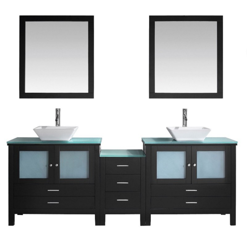 Brentford 90" Double Bathroom Vanity in Espresso with Clear Tempered Glass Top and Square Sink with Brushed Nickel Faucet and Mirrors