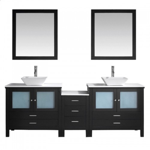 Brentford 90" Double Bathroom Vanity in Espresso with White Engineered Stone Top and Square Sink with Polished Chrome Faucet and Mirrors