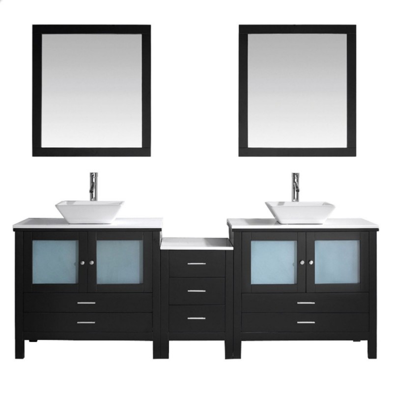 Brentford 90" Double Bathroom Vanity in Espresso with White Engineered Stone Top and Square Sink with Polished Chrome Faucet and Mirrors