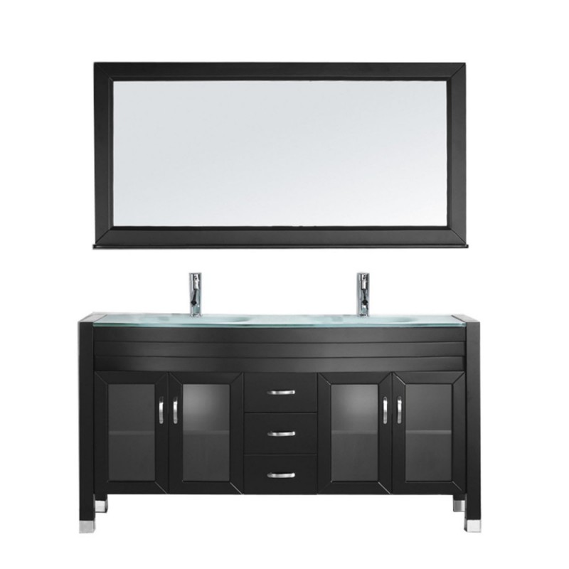 Ava 63" Double Bathroom Vanity in Espresso with Aqua Tempered Glass Top and Round Sink with Brushed Nickel Faucet and Mirror